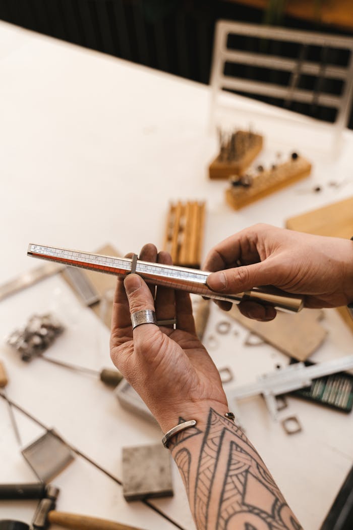 Close-up of a tattooed craftsman using a ring sizer at a jewelry making studio.